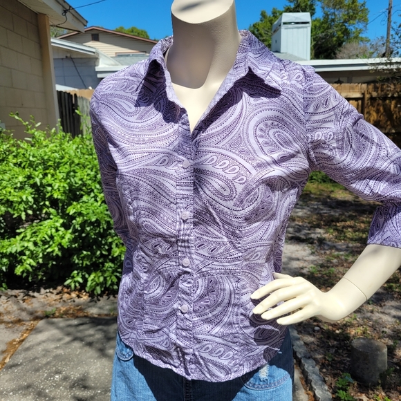 Style & Co Petite: Purple Paisley 3/4 Sleeve, Deep-Cut Button-Down Top, Size 8P - Picture 1 of 16